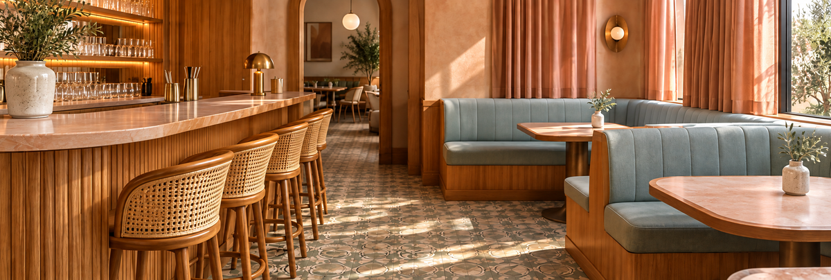 Warm restaurant interior concept with bespoke timber joinery and upholstered seating