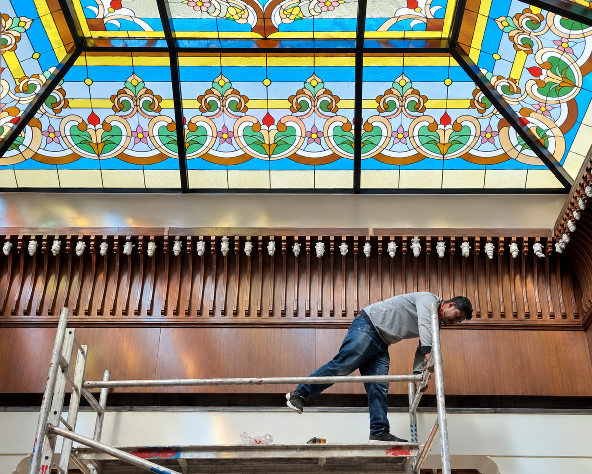 Mansion AT, Doha, Qatar - stained-glass ceiling and timber panelling during installation